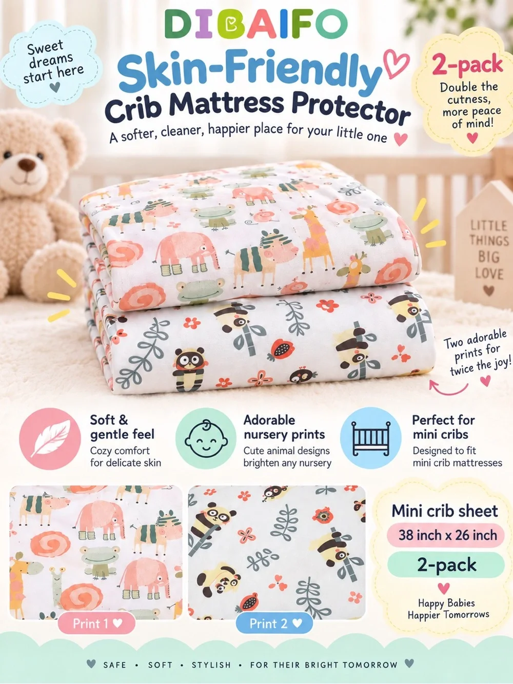 Diba 2-Pack Crib Mattress Protectors in Pink & White with Animal Prints